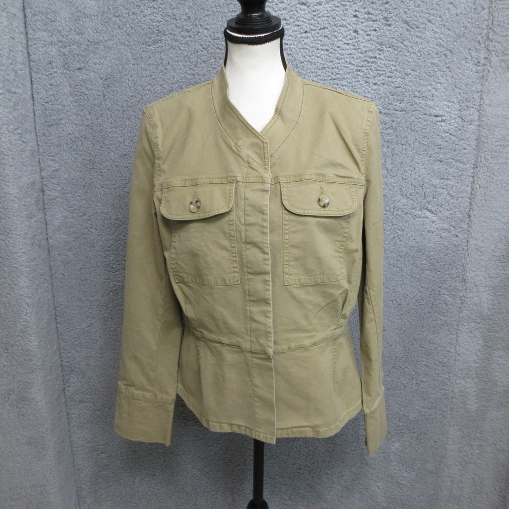 cabi Utility Jacket Womens Medium Khaki Military Band Collar Stretch Style 5477
